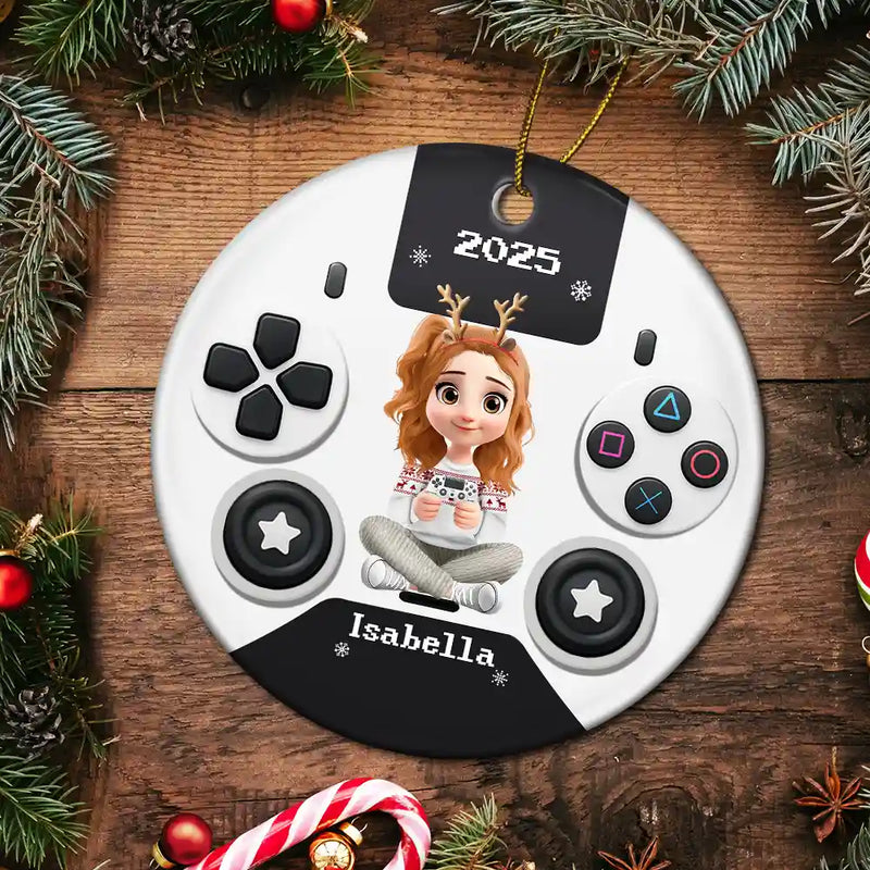 Gift For Kids, Gift For Grandkids, Happy, Christmas, Non-Eng - 3D Effect Kids Gamer - Personalized Combo Circle Ceramic Ornament Set