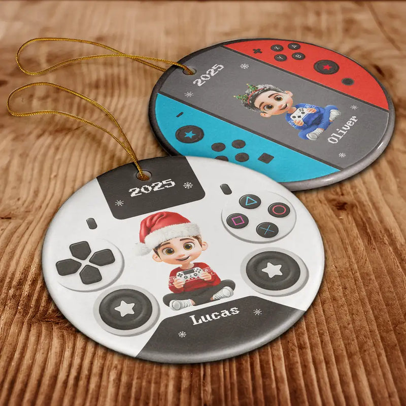 Gift For Kids, Gift For Grandkids, Happy, Christmas, Non-Eng - 3D Effect Kids Gamer - Personalized Combo Circle Ceramic Ornament Set