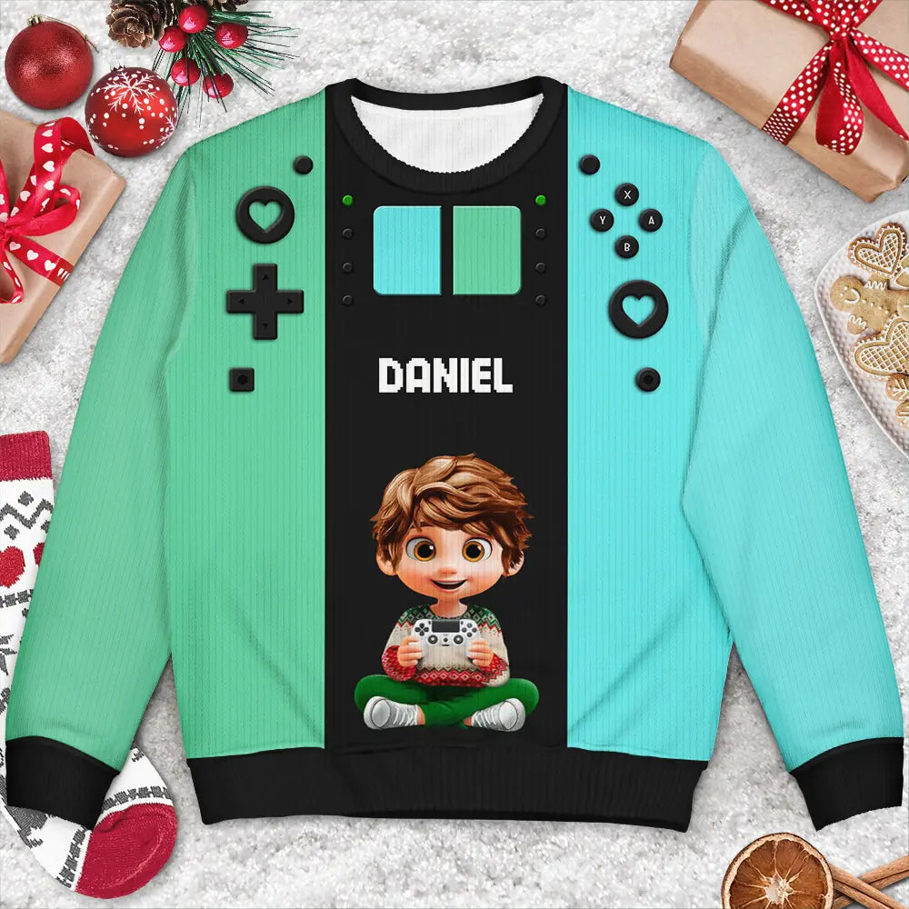 Gift For Kids,Gift For Grandkids,Happy,Christmas,Non-Eng - 3D Effect Kids Gamer - Personalized Unisex Ugly Sweater