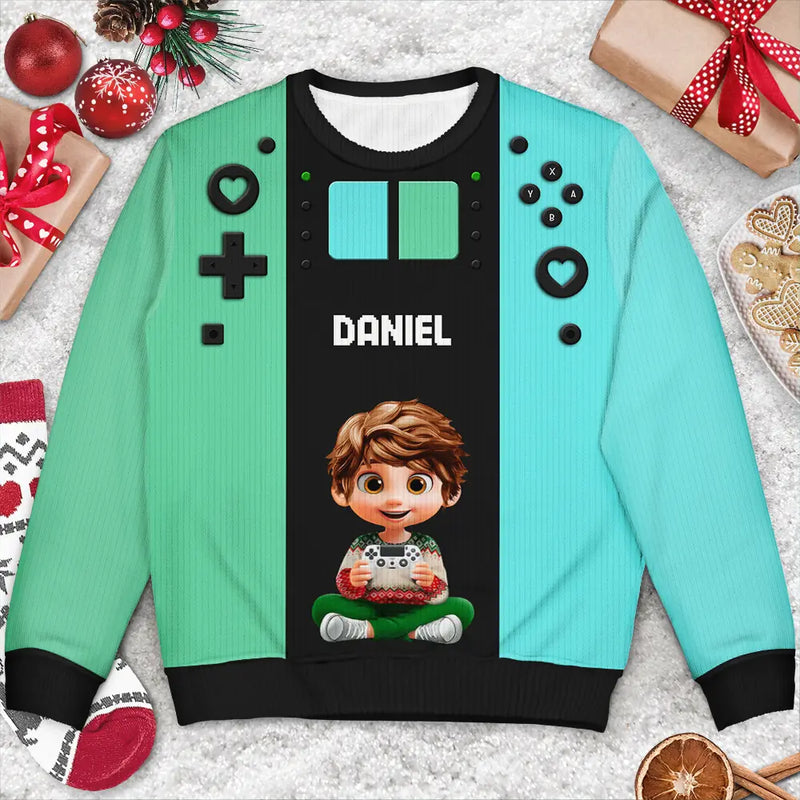 Gift For Kids,Gift For Grandkids,Happy,Christmas,Non-Eng - 3D Effect Kids Gamer - Personalized Unisex Ugly Sweater