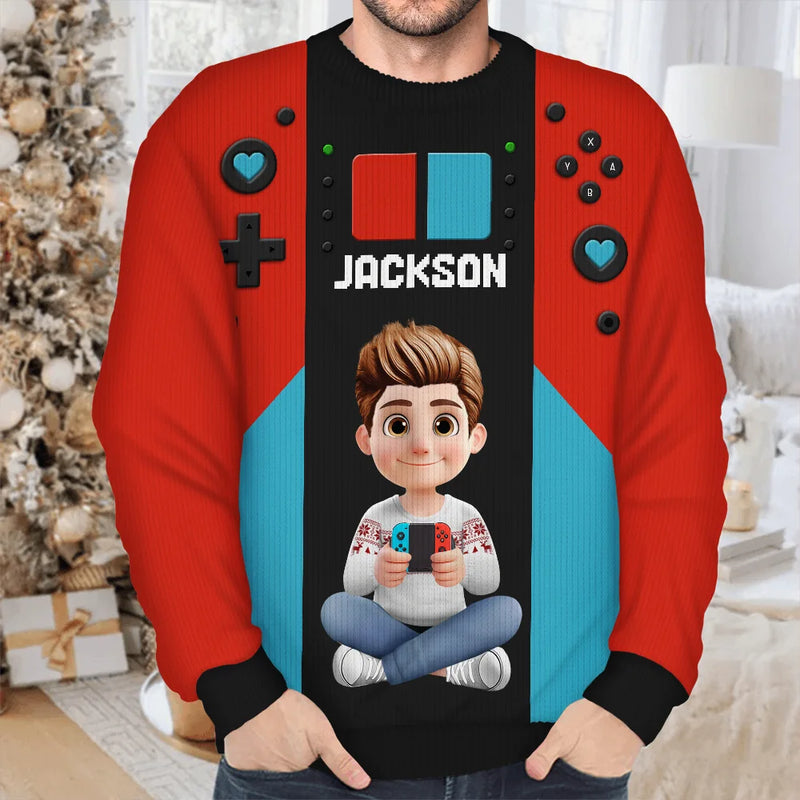 Gift For Kids,Gift For Grandkids,Happy,Christmas,Non-Eng - 3D Effect Kids Gamer - Personalized Unisex Ugly Sweater