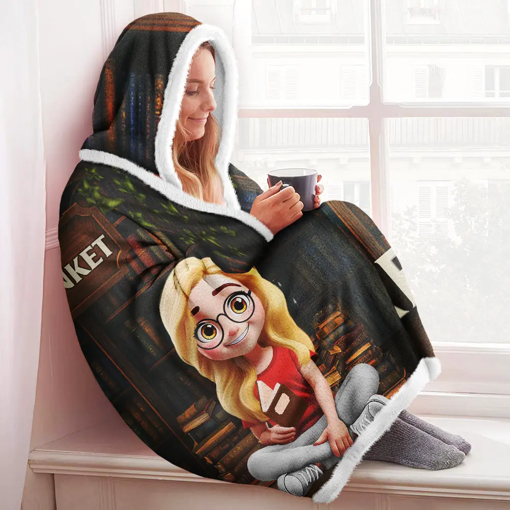 Gift For Women,Gift For Men,Reading,Top Market,Happy - 3D Effect Man Woman Reading Blanket - Personalized Wearable Hooded Blanket