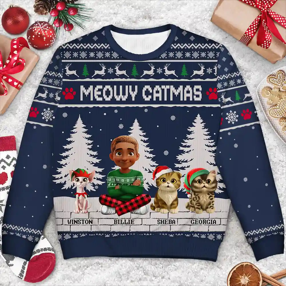 Christmas,Top Market,Pet Lovers,Pet Mom,Pet Dad,Dog Lovers,Dog Mom,Dog Dad,Happy,Cat Lovers,Cat Mom,Cat Dad - 3D Effect Meowy Catmas - Personalized Unisex Ugly Sweater