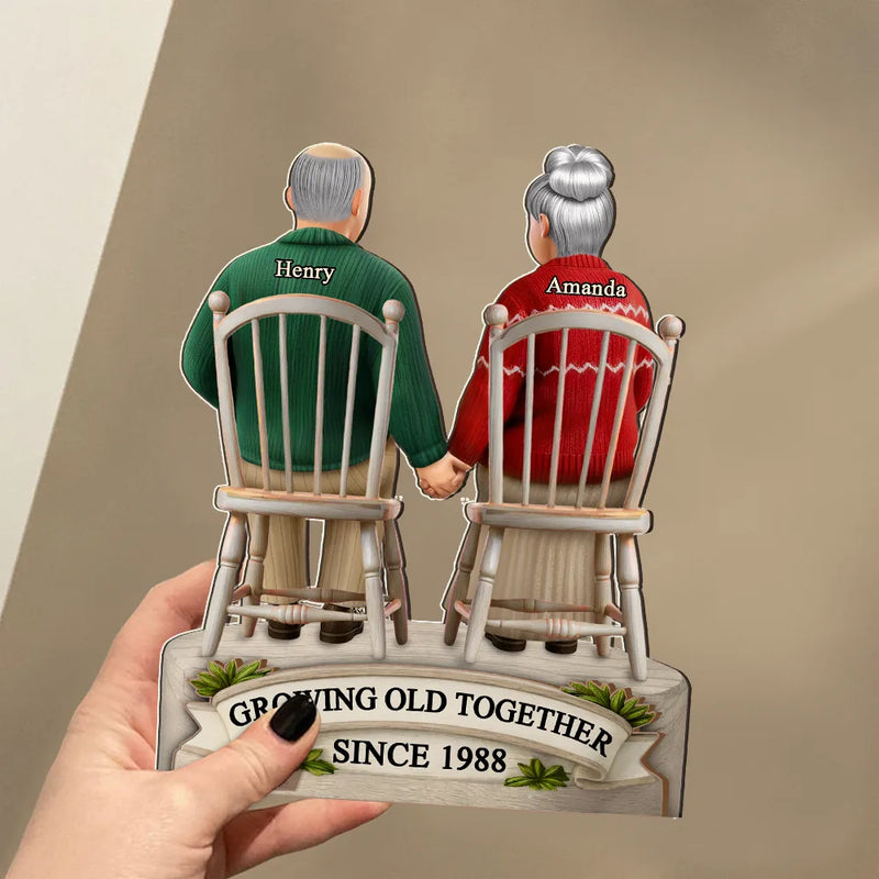 Old Couples,Gift For Women,Gift For Men,Gift For Husband,Gift For Wife,Love,Top Market - 3D Effect Old Couple Growing Old Together - Personalized Custom Shaped 2-Layered Wooden Plaque