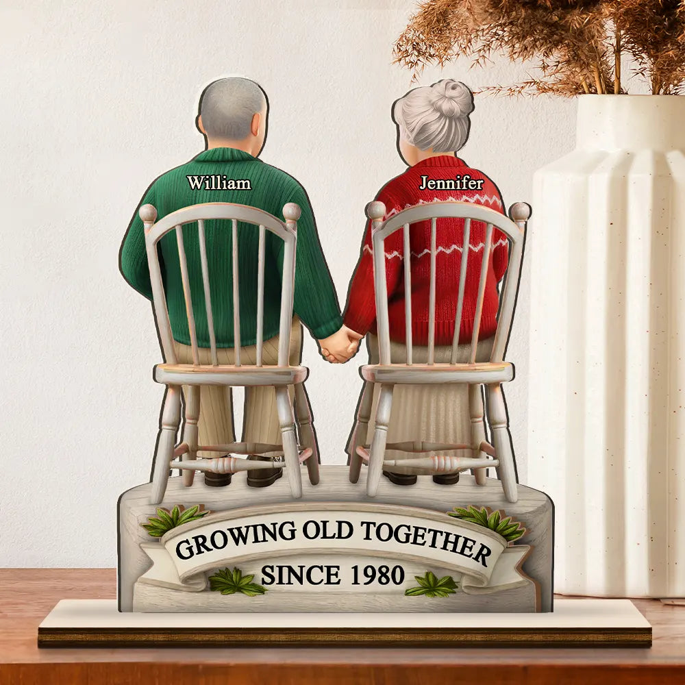 Old Couples,Gift For Women,Gift For Men,Gift For Husband,Gift For Wife,Love,Top Market - 3D Effect Old Couple Growing Old Together - Personalized Custom Shaped 2-Layered Wooden Plaque