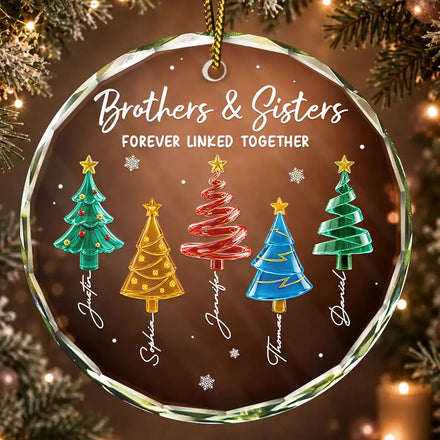 3D Effect Pine Trees Brothers & Sisters Forever Linked Together - Personalized Glass Ornament