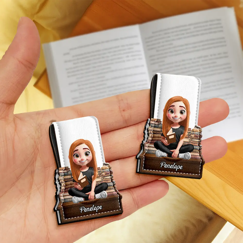 Gift For Yourself, Reading - 3D Effect Reading Girl Boy - Personalized Custom Shaped Leather Magnetic Bookmark