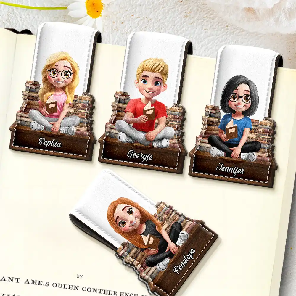 3D Effect Reading Girl Boy - Personalized Custom Shaped Leather Magnetic Bookmark