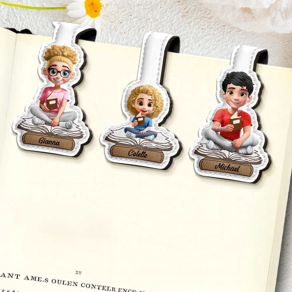 3D Effect Reading Woman Man Kid Family - Personalized Custom Shaped Leather Magnetic Bookmark