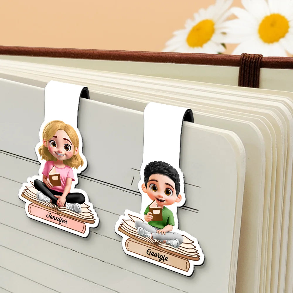 3D Effect Reading Woman Man Kid Family - Personalized Custom Shaped Magnetic Bookmark Clip