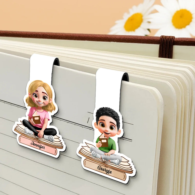3D Effect Reading Woman Man Kid Family - Personalized Custom Shaped Magnetic Bookmark Clip