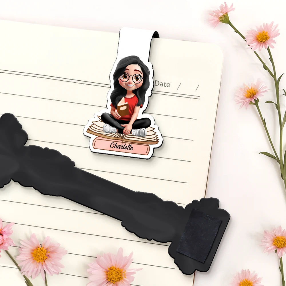 3D Effect Reading Woman Man Kid Family - Personalized Custom Shaped Magnetic Bookmark Clip