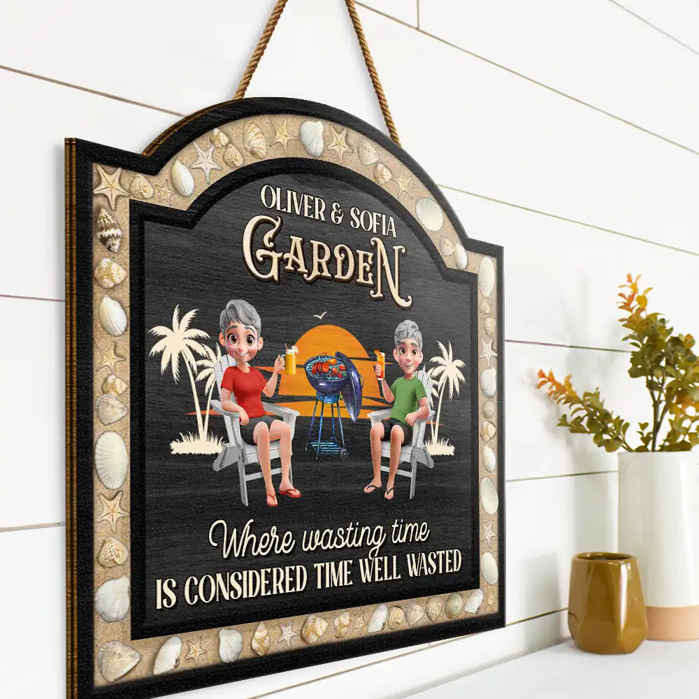 Poolside,Outdoor Decor,Summer,Gift For Couples,Humorous,Vector - 3D Effect Sea Shells Frame Poolside Paradise - Personalized Custom Shaped Wood Sign