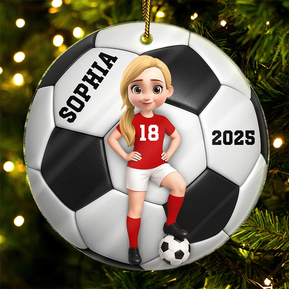 Football, Gift For Kids, Grandma - Grandkids, Happy, Christmas, Top Market, Non-Eng - 3D Effect Soccer Girl Boy - Personalized Custom Shaped Acrylic Ornament