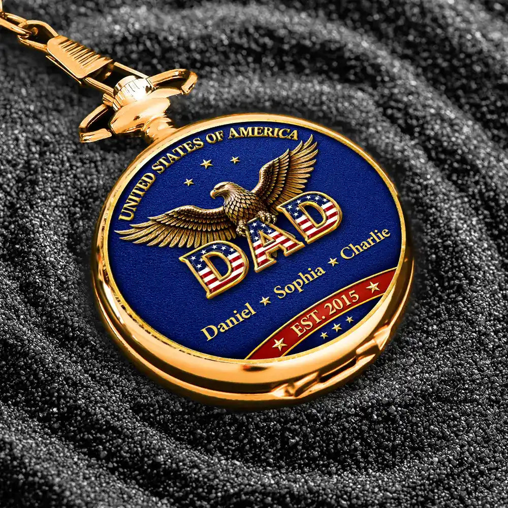 3D Effect Stars & Stripes Dad Grandpa And Kids Names - Personalized Pocket Watch