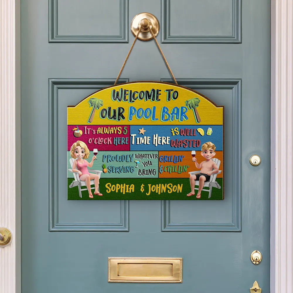 Gift For Couples,Gift For Husband,Gift For Wife,Gift For Boyfriend,Gift For Girlfriend - 3D Effect Welcome To Our Pool - Personalized Custom Shaped Wood Sign