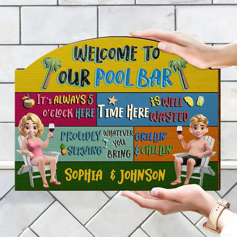 Gift For Couples,Gift For Husband,Gift For Wife,Gift For Boyfriend,Gift For Girlfriend - 3D Effect Welcome To Our Pool - Personalized Custom Shaped Wood Sign