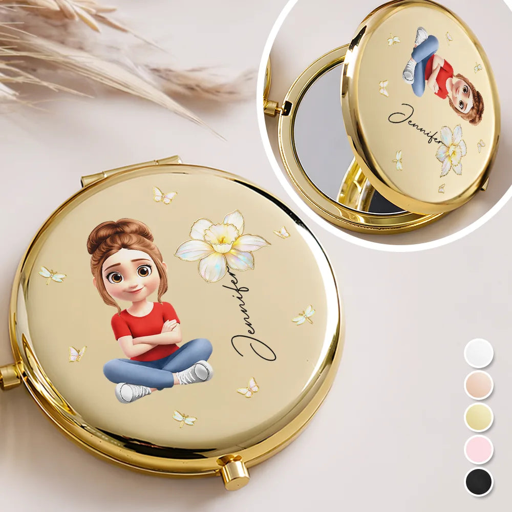 Gift For Women,Gift For Daughter,Gift For Mother,Gift For Sisters,Gift For Bestie,Happy - 3D Effect Woman Kid Girl Sitting With Birth Flowers - Personalized Compact Mirror