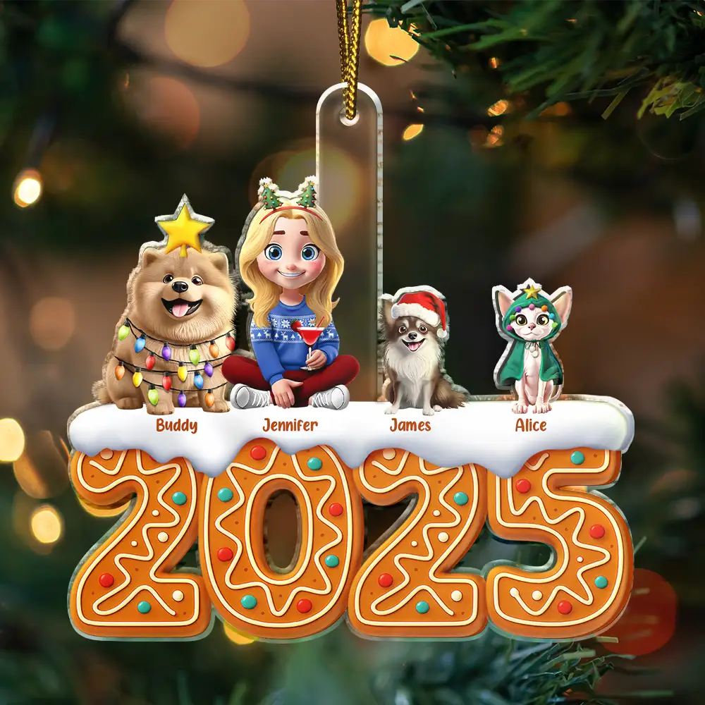 Pet Lovers,Pet Mom,Pet Dad,Dog Lovers,Dog Mom,Dog Dad,Cat Lovers,Cat Mom,Cat Dad,Christmas,Gift For Women,Gift For Men,Gift For Yourself,Happy - 3D Effect Woman Man Sitting With Dog Cat Christmas Gingerbread - Personalized Custom Shaped Acrylic Ornament