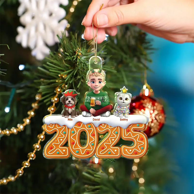 Pet Lovers,Pet Mom,Pet Dad,Dog Lovers,Dog Mom,Dog Dad,Cat Lovers,Cat Mom,Cat Dad,Christmas,Gift For Women,Gift For Men,Gift For Yourself,Happy - 3D Effect Woman Man Sitting With Dog Cat Christmas Gingerbread - Personalized Custom Shaped Acrylic Ornament
