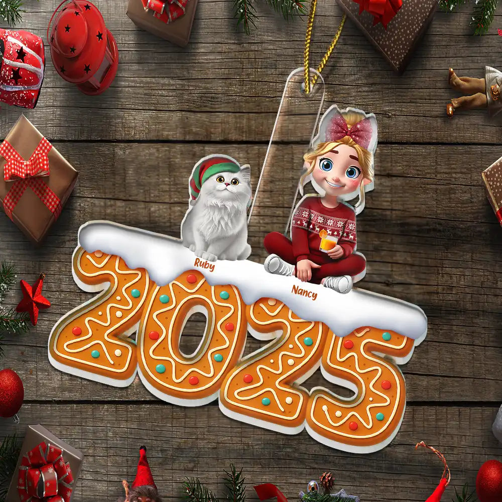 Pet Lovers,Pet Mom,Pet Dad,Dog Lovers,Dog Mom,Dog Dad,Cat Lovers,Cat Mom,Cat Dad,Christmas,Gift For Women,Gift For Men,Gift For Yourself,Happy - 3D Effect Woman Man Sitting With Dog Cat Christmas Gingerbread - Personalized Custom Shaped Acrylic Ornament