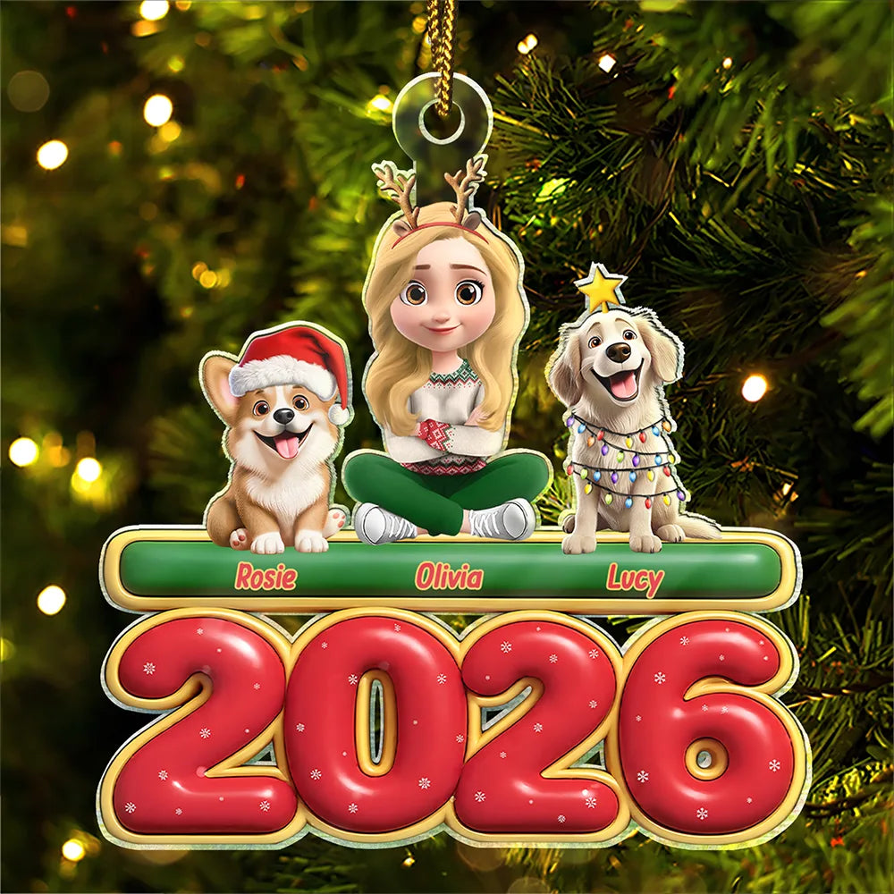 Christmas,Pet Lovers,Pet Mom,Pet Dad,Dog Lovers,Dog Mom,Dog Dad,Happy - 3D Effect Woman Man With Dogs Christmas - Personalized Custom Shaped Acrylic Ornament