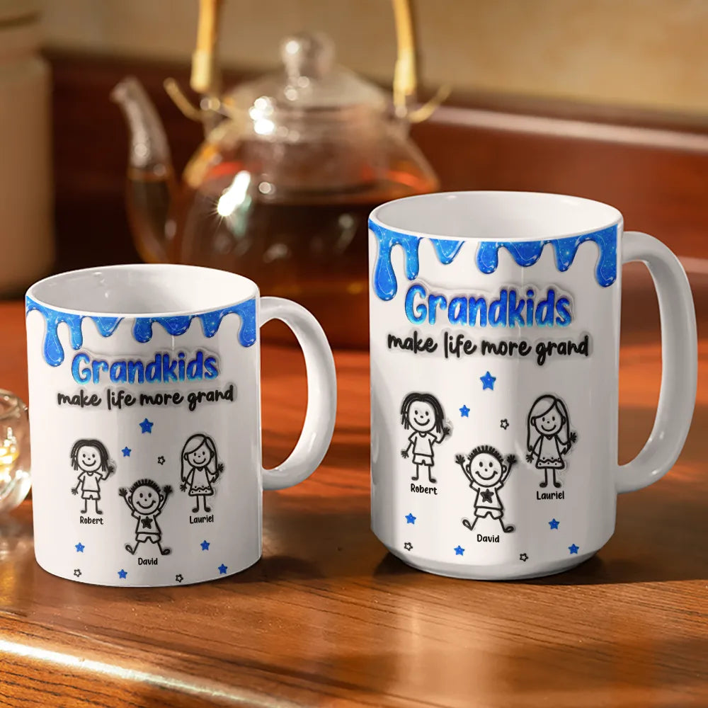 Gift For Grandma,Grandpa - Grandkids,Grandma - Grandkids,Gift For Grandpa,Happy - 3D Inflated Effect Stick Figure Grandkids Make Life More Grand - Personalized White Edge-to-Edge Mug