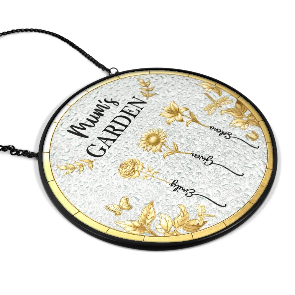 Gift For Women, Gift For Mother, Gift For Grandma, Love - 3D Metal Effect Birth Month Flowers Grandmas Moms Garden - Personalized Stained Glass Window Hanging Suncatcher