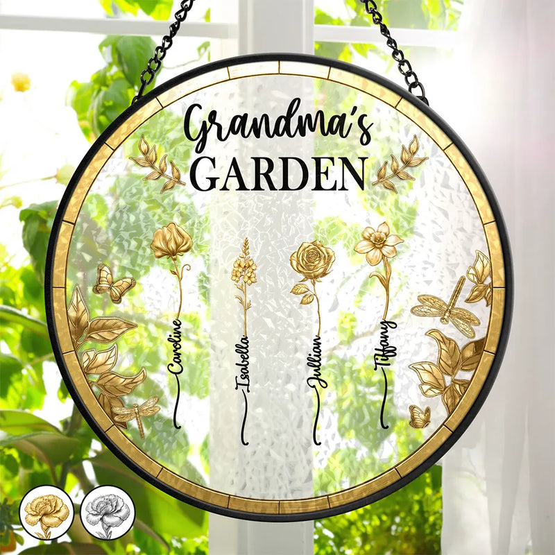 Gift For Women, Gift For Mother, Gift For Grandma, Love - 3D Metal Effect Birth Month Flowers Grandmas Moms Garden - Personalized Stained Glass Window Hanging Suncatcher