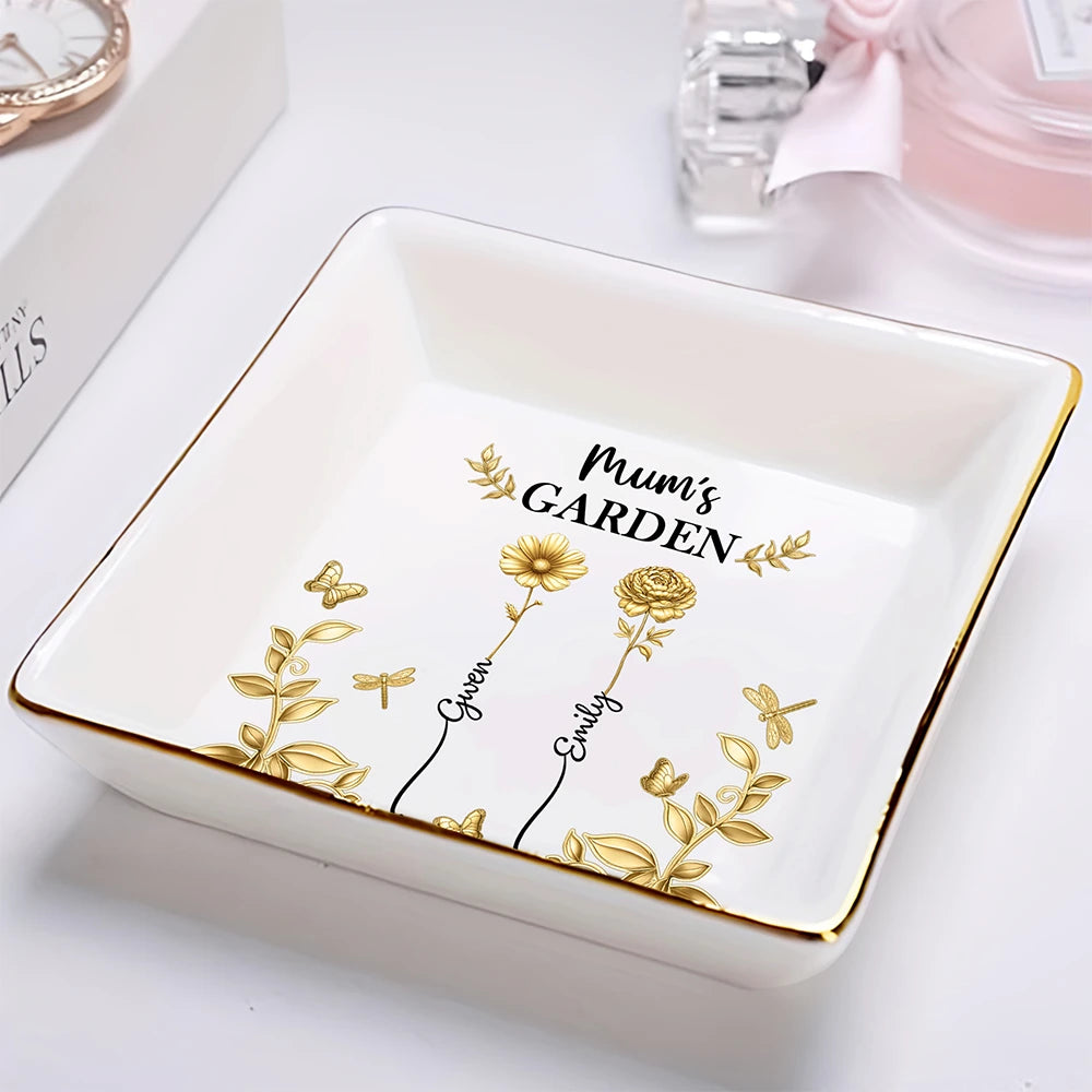 Gift For Women,Gift For Mother,Gift For Grandma,Love - 3D Metal Effect Birth Month Flowers Grandmas Moms Garden - Personalized Ring Dish