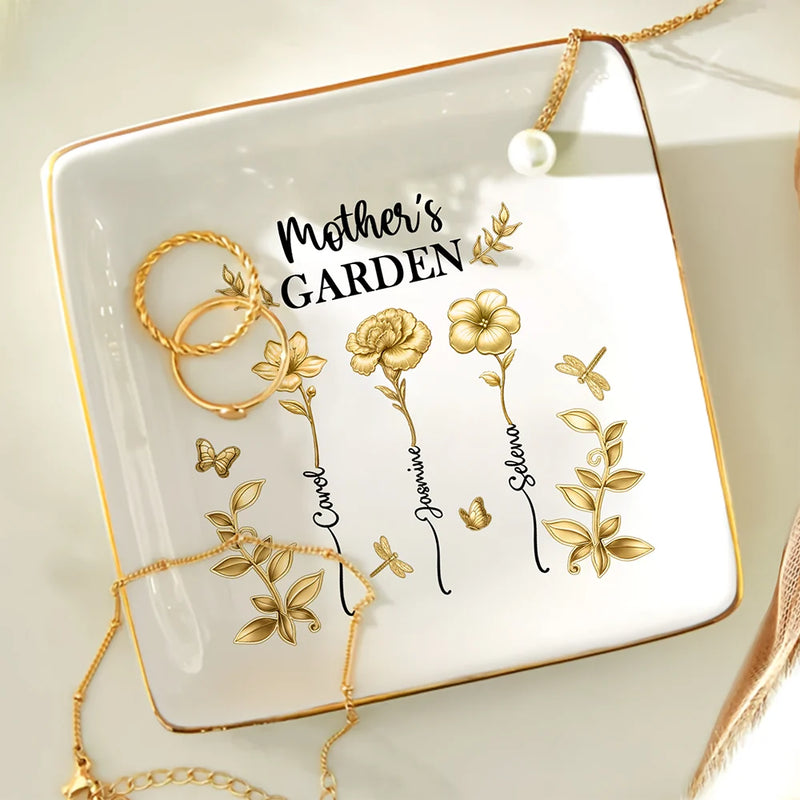 Gift For Women,Gift For Mother,Gift For Grandma,Love - 3D Metal Effect Birth Month Flowers Grandmas Moms Garden - Personalized Ring Dish
