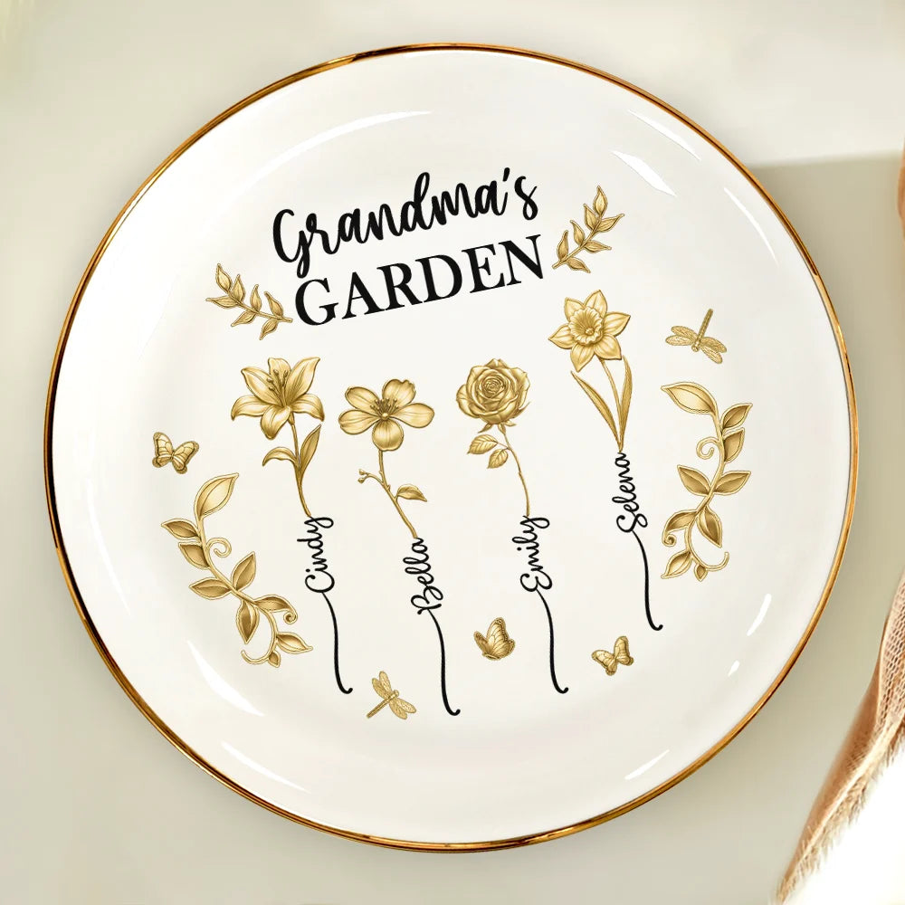 3D Metal Effect Birth Month Flowers Grandmas Moms Garden - Personalized Round Ring Dish