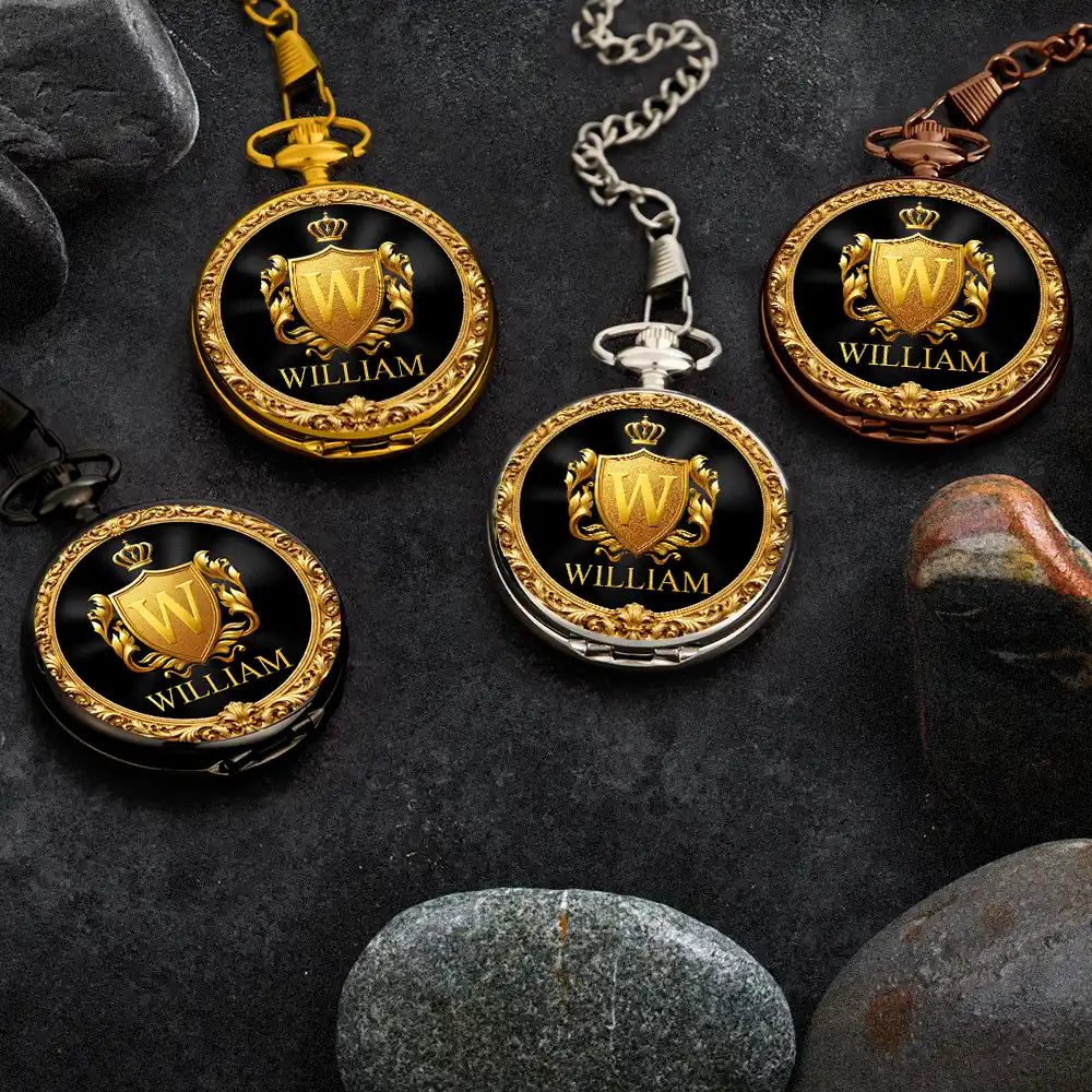 Gift For Men,Gift For Father,Gift For Brothers,Gift For Grandpa,Gift For Sibling,Cousin,Happy - 3D Metal Effect Gold Silver Monogram - Personalized Pocket Watch