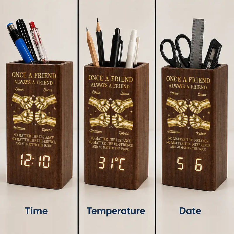 Gift For Brother,Gift For Sibling,Gift For Cousin,Grateful,Custom Text - 3D Metal Effect Once A Brother Always A Brother - Personalized Pen Holder With Clock