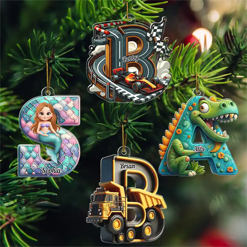 Gift For Kids,Gift For Grandkids,Happy,Christmas - 3D Race Car Truck Dinosaur Mermaid Alphabet - Personalized Custom Shaped Acrylic Ornament