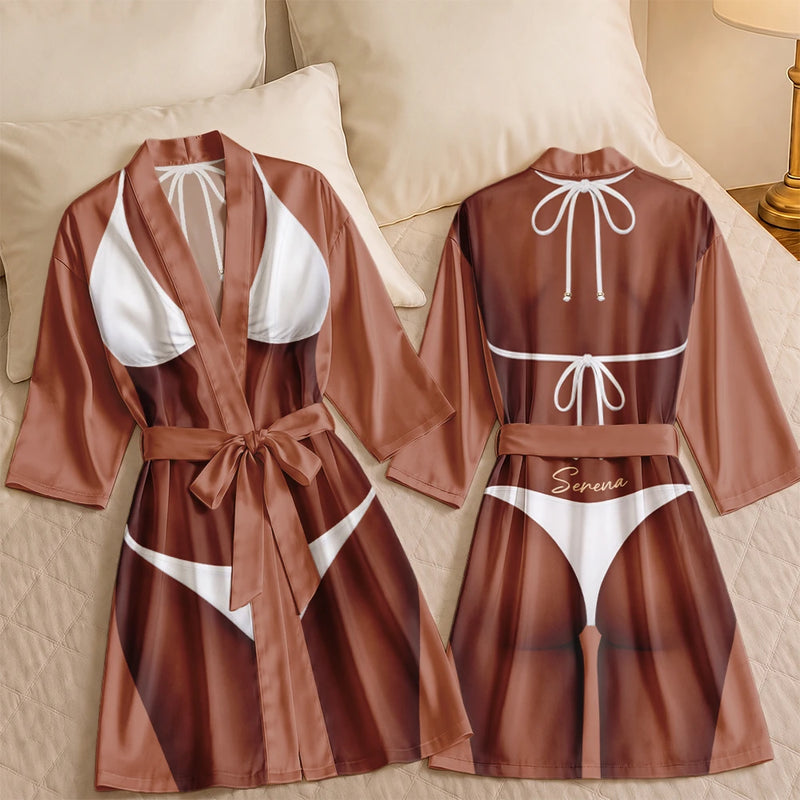 Humorous,Beach,Gift For Yourself,Summer,Gift For Women,Icon - 3D Sexy Body Bikini - Personalized Satin Robe