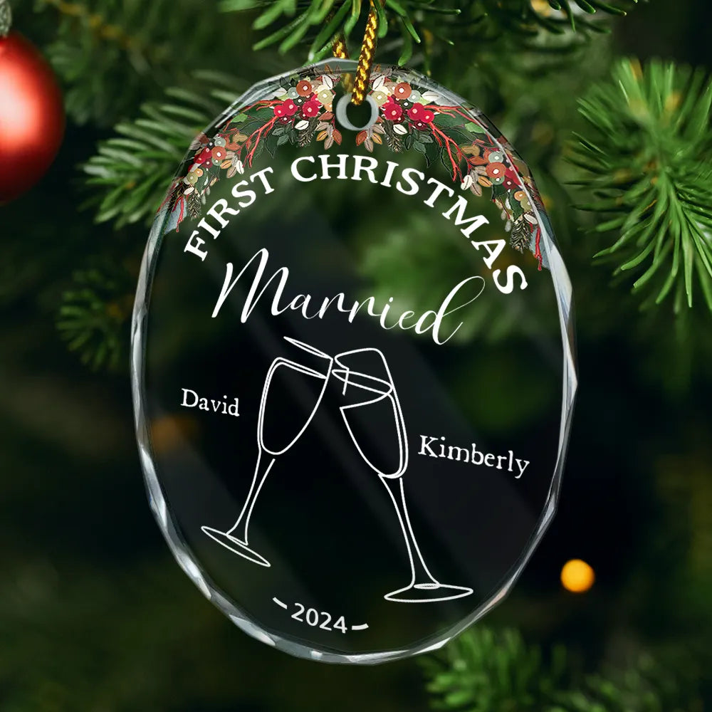 Gift For Couples, Wedding Anniversary, Married, Christmas, Love - Champagne Cheer First Christmas Couple - Personalized Oval Glass Ornament