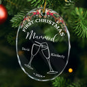 Gift For Couples, Wedding Anniversary, Married, Christmas, Love - Champagne Cheer First Christmas Couple - Personalized Oval Glass Ornament