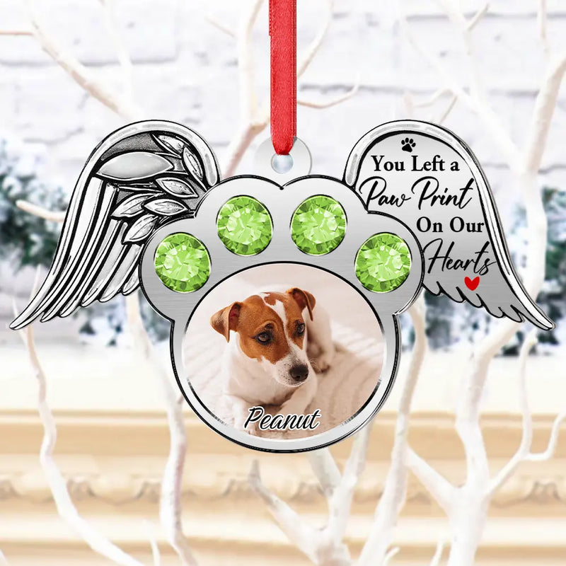Pet Lovers,Custom Photo,Christmas,Sad - Custom Photo You Left A Paw Print On My Heart Printed Gemstones - Personalized Metal Ornament