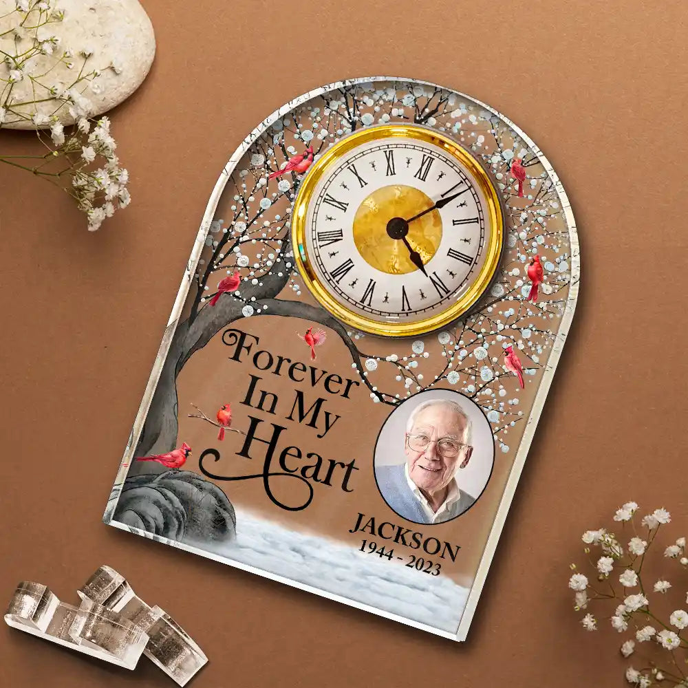 Memorial,Custom Photo,Family,Sad - Custom Photo Memorial I'm Always With You Snow Tree Cardinal - Personalized Acrylic Desk Clock