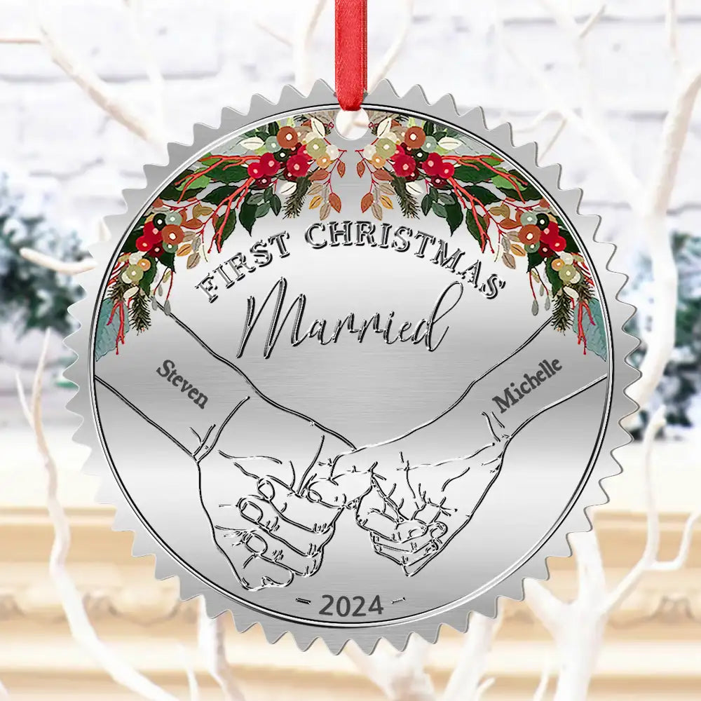 Gift For Couples, Married , Wedding Anniversary, Love - Holding Hands First Christmas Married Couple - Personalized Metal Ornament