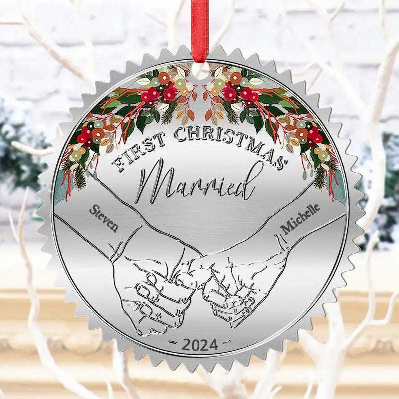 Gift For Couples, Married , Wedding Anniversary, Love - Holding Hands First Christmas Married Couple - Personalized Metal Ornament