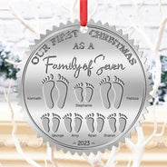 Family,Parents,Happy - First Christmas As A Family Of Four Footprints - Personalized Metal Ornament