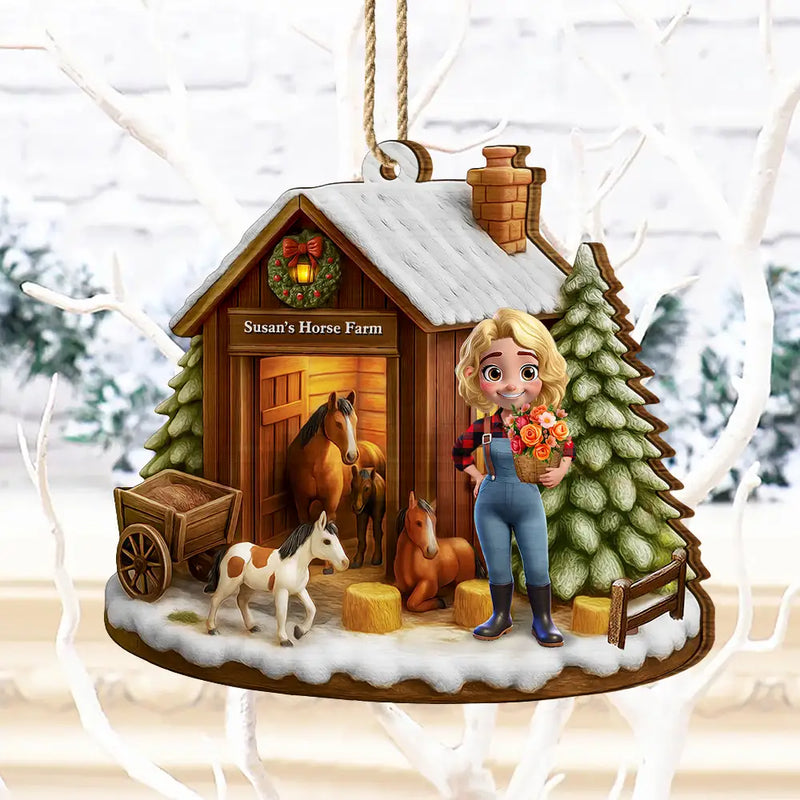Farm, Gift For Yourself, Christmas, Gift For Women, Gift For Men, Happy - 3D Effect Christmas Horse Farm - Personalized Custom Shaped Wooden Ornament