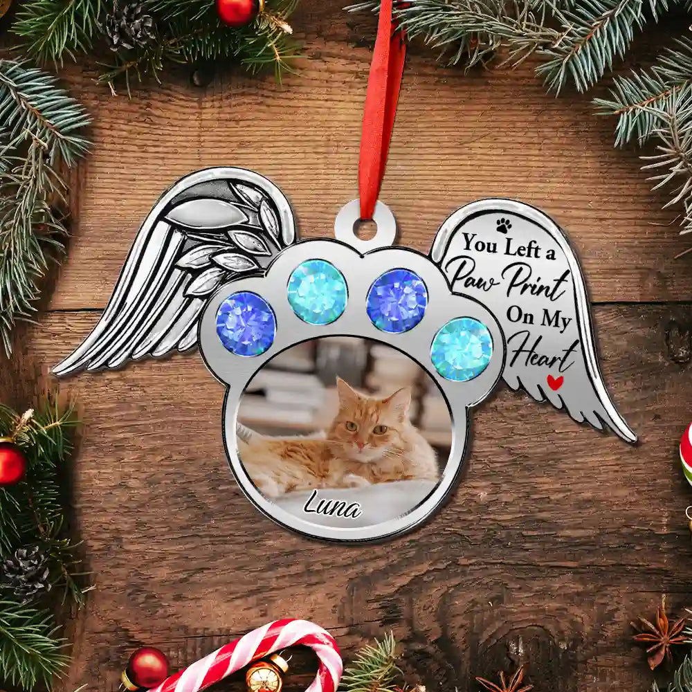 Pet Lovers,Custom Photo,Christmas,Sad - Custom Photo You Left A Paw Print On My Heart Printed Gemstones - Personalized Metal Ornament