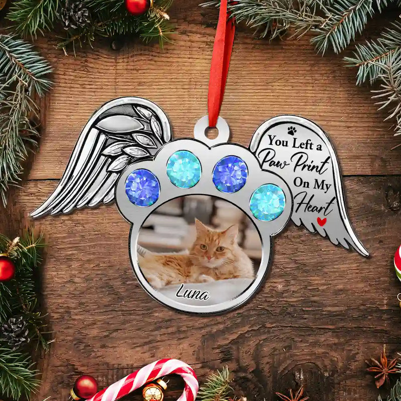 Pet Lovers,Custom Photo,Christmas,Sad - Custom Photo You Left A Paw Print On My Heart Printed Gemstones - Personalized Metal Ornament