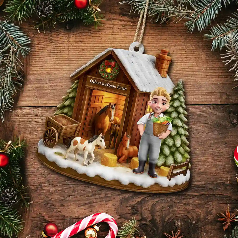 Farm, Gift For Yourself, Christmas, Gift For Women, Gift For Men, Happy - 3D Effect Christmas Horse Farm - Personalized Custom Shaped Wooden Ornament