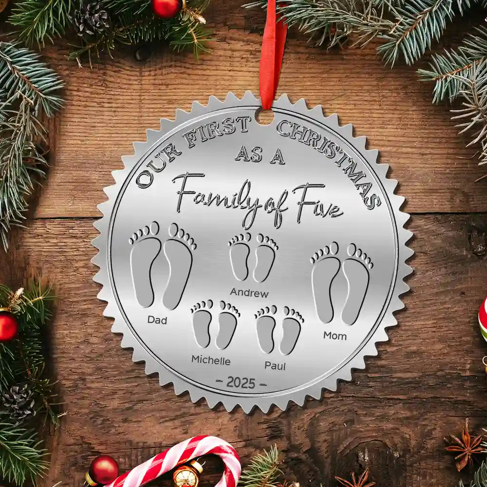 Family,Parents,Happy - First Christmas As A Family Of Four Footprints - Personalized Metal Ornament