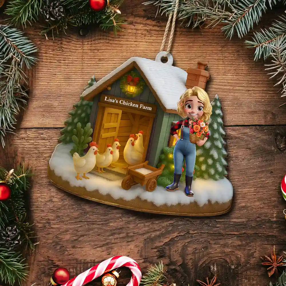 Farm,Gift For Yourself,Christmas,Gift For Women,Gift For Men,Happy - 3D Effect Christmas Chicken Farm - Personalized Custom Shaped Wooden Ornament