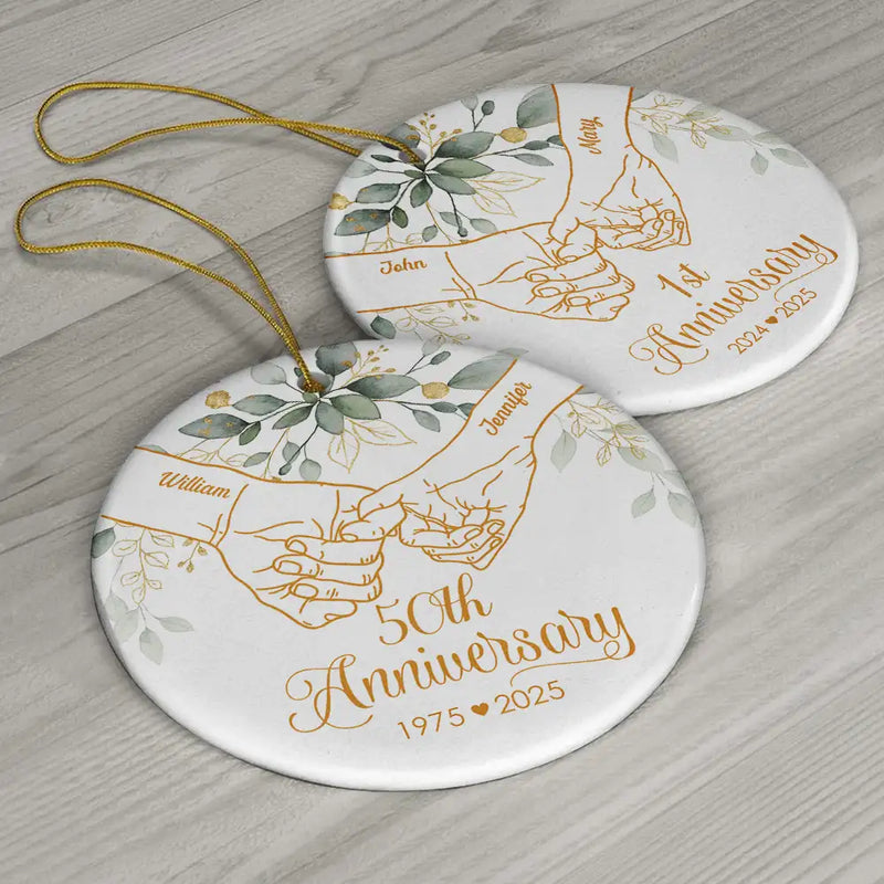 Wedding Anniversary,Gift For Couples,Gift For Husband,Gift For Wife,Happy - 50th Anniversary Forever Holding Hands - Personalized Circle Ceramic Ornament